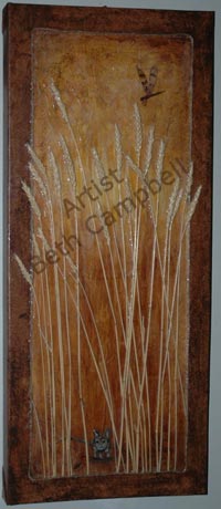 Mixed media painting showing life in a prairie wheat field