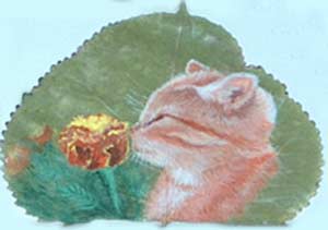 Leaf Painting of Kitten Sniffing a Marigold
