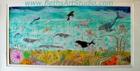 Mixed media painting with 11 whales