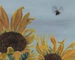 Painting of a bee coming in for a landing on a sunflower