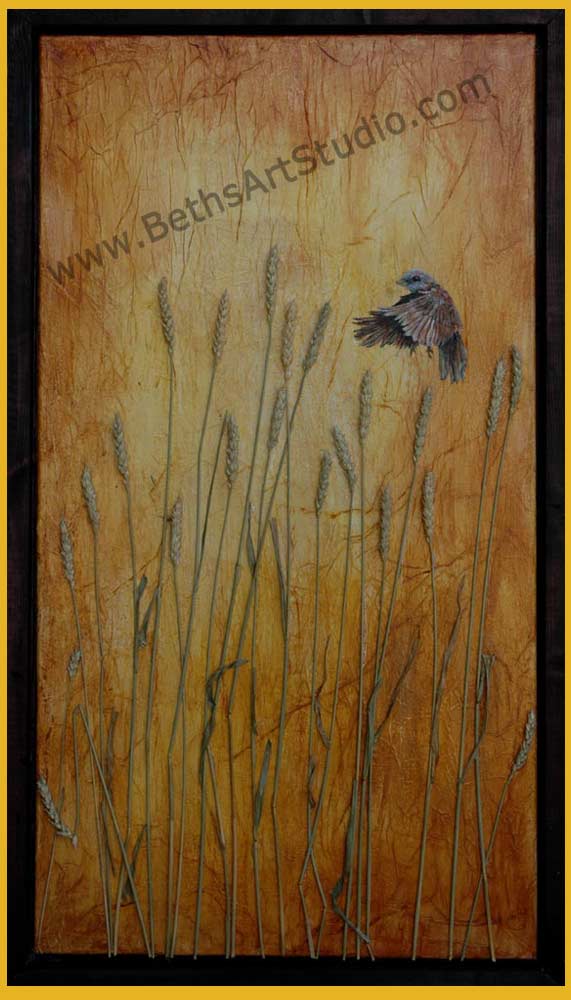 A grasshopper sparrow in the prairie wheat field