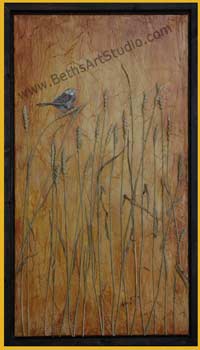 Painting of a sparrow in the wheat